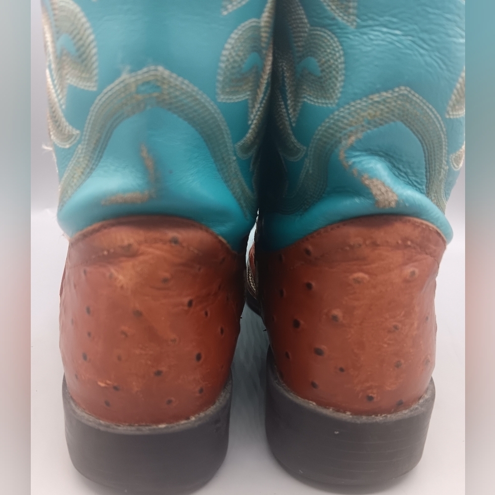 Justin 5527 Ostrich Quill Women's 4 D Boots Exotic Cowboy Western Teal Brown - Picture 6 of 12